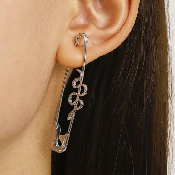 Mixed Metals Gold & Silver Snake Safety Pin Earrings NEW - Picture 5 of 7